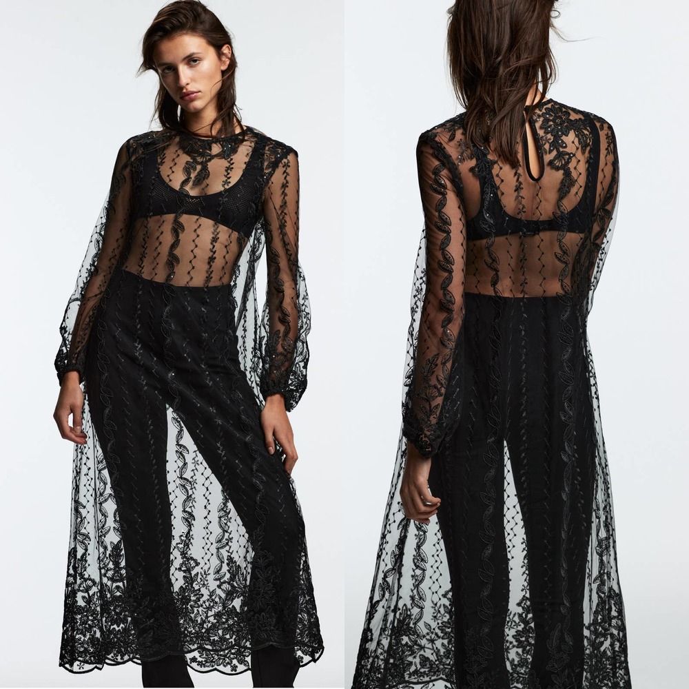 ZARA EMBROIDERED SEMI-SHEER DRESS TULLE BLACK - Picture 4 of 16